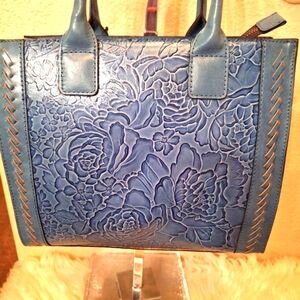 PATRICIA NASH BLUE TOOLED FLORAL GARDEN TOTE-MIRAGE